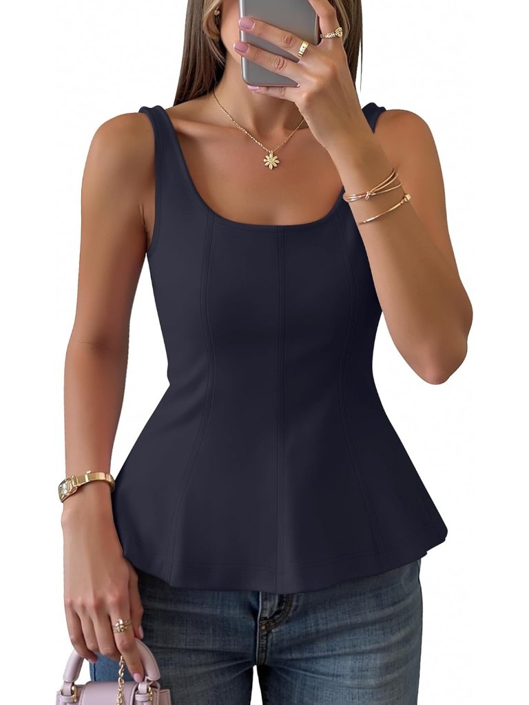 Women's Navy Short Sleeveless Square Neck Cute Casual Imported Tank Tops